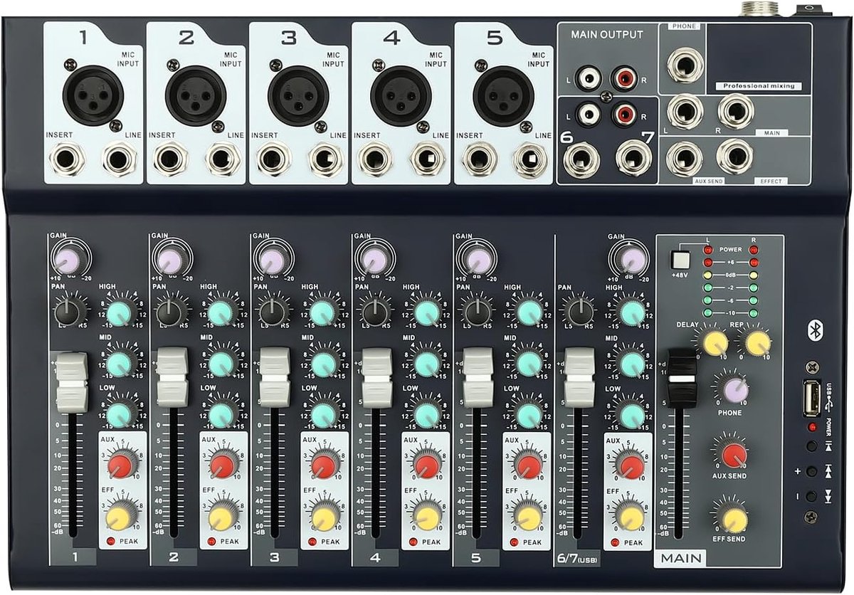 Digitale Mixer - Audio Mengpaneel - Muziek Opnemen - 7 Kanalen Bluetooth - 33 x 23 cm - Zwart