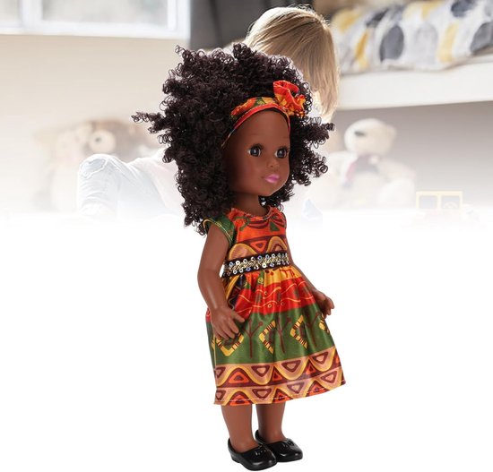 Zwarte Pop 14 Inch met Haarband en Schattige Jurk - Afro Haar Meisjes Modepop — afbeelding 3