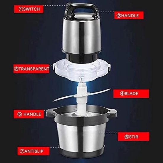 Elektrische Hakmolen - Keukenapparaat Mini - Snel Ingrediënten Hakken - Krachtige 1000W Motor - 6L Roestvrij Staal Kom - Zilver — afbeelding 4