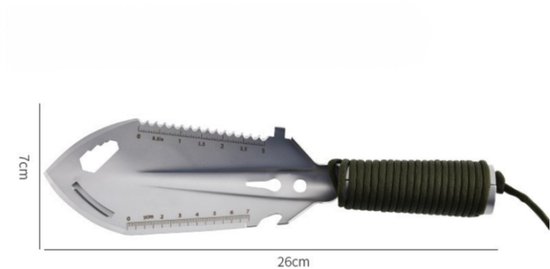 Tuinschep - Campingschep - Handschep voor buiten - RVS - 9-in-1 militaire schep - Tactische handschep - Campingaccessoires - Geschikt voor tuinieren-kamperen en strandjutten - Zilver - 26*7 cm — afbeelding 2