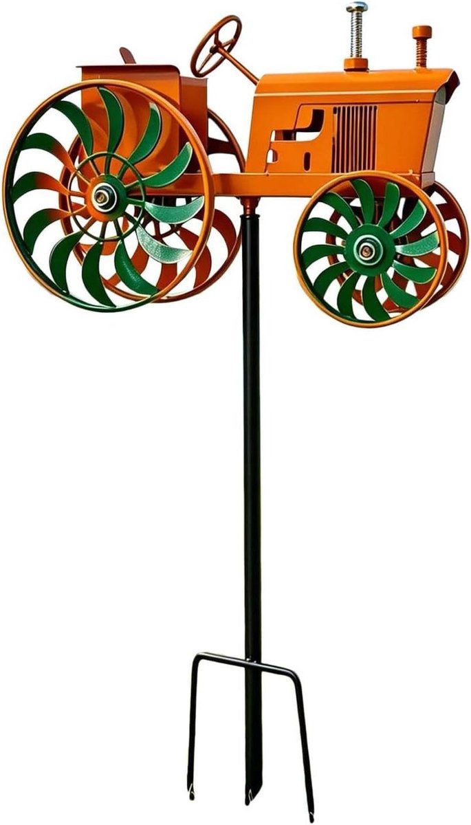 Windspinner tractor - Decoratieve sculptuur - Tuin decoreren - Wind aangedreven mechanisme - 68 cm hoog - Oranje