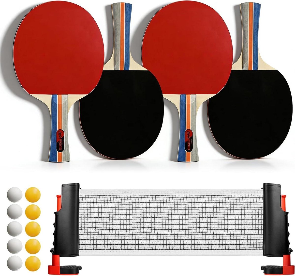 Tafeltennis Set - Batjes en Ballen - Vrijetijd Sport - Intrekbaar Net - 4 Batjes 10 Ballen - Zwart