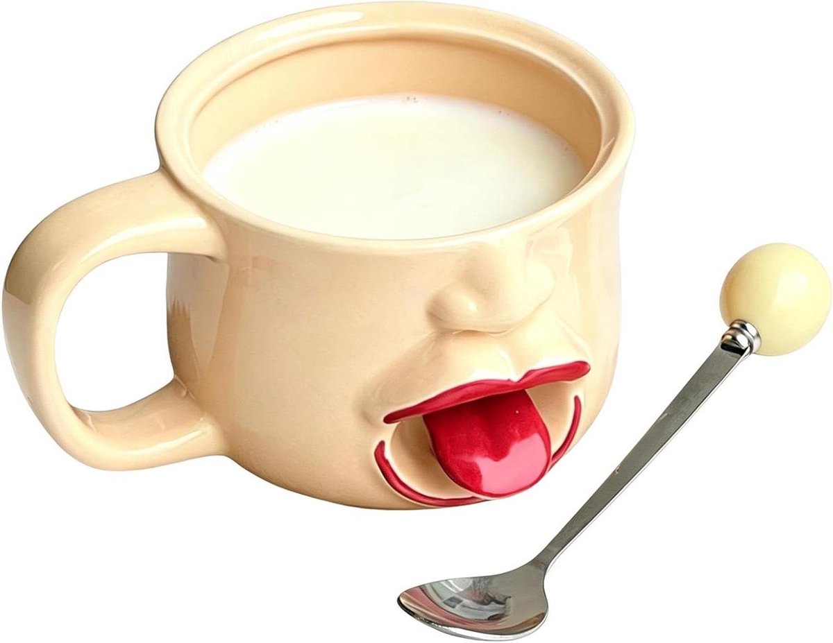 Keramische Mok - Tongbeker Grappig - Drankjes Genieten - 3D Tong Uit Design - 255 ml - Wit