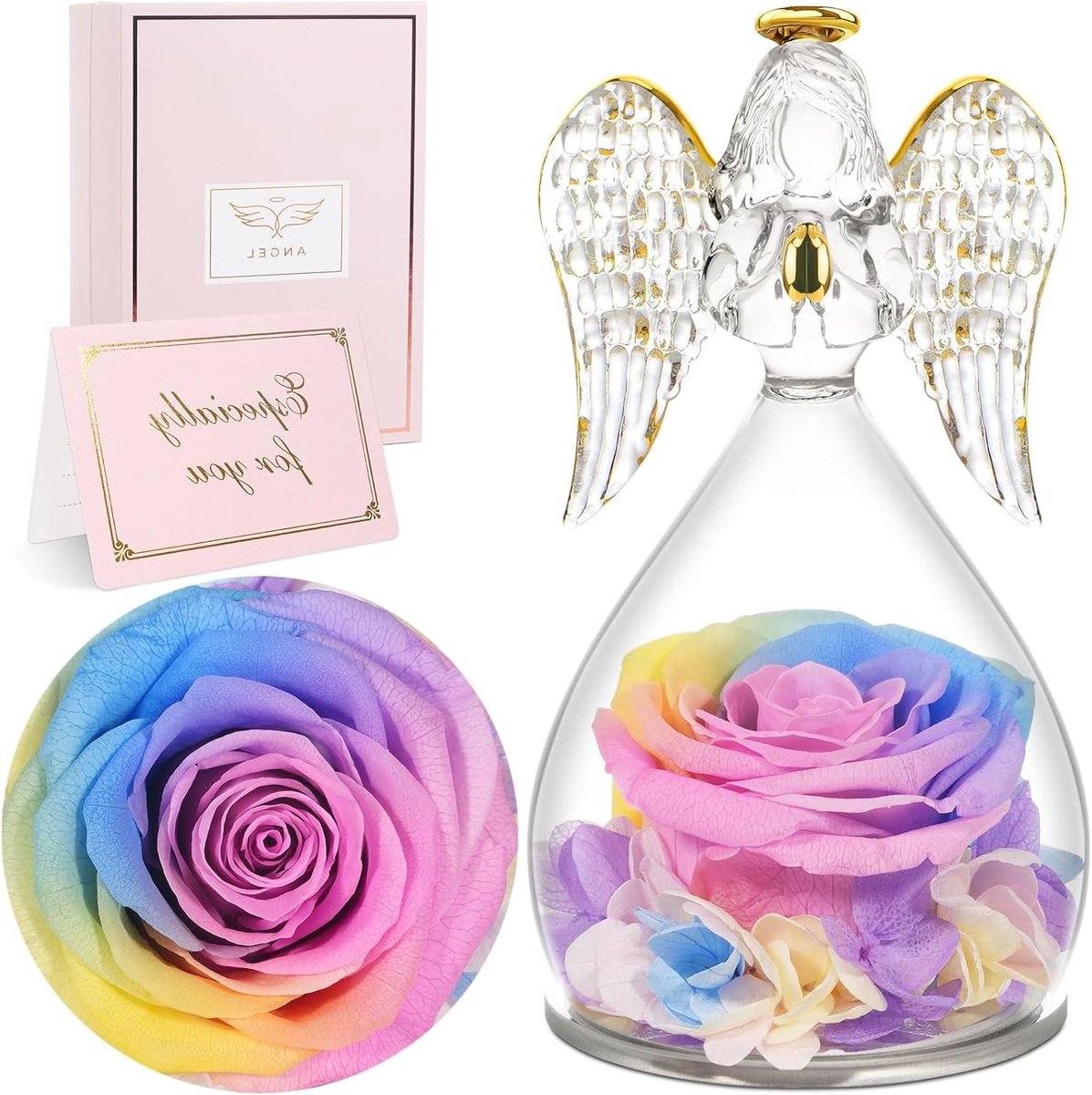 Eeuwige Roos Engel - Bloem Decoratie - Cadeau Geven - Handgemaakt Glas - 13 cm Hoog - Regenboog