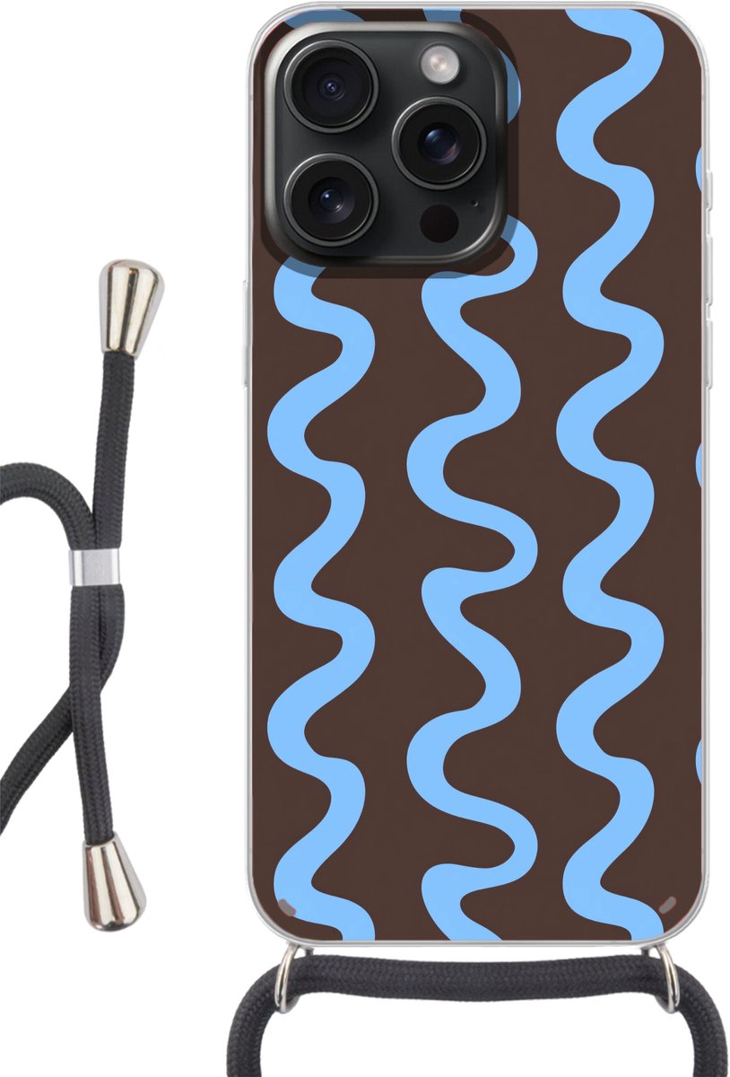 Telefoonhoesje Geschikt voor iPhone 15 Pro Max - Kronkelende lijnen - Blauw - Bruin - Minimalistisch - Siliconen - Crossbody - Backcover met Koord - Telefoonhoesje met koord - Hoesje met touw Telefoonhoesje