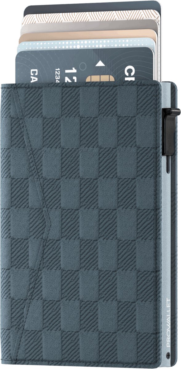 Prowallet Slim - Panel Blauw - Pasjeshouder voor 8 pasjes en briefgeld - Uitschuifbaar - RFID Creditcardhouder - Kaarthouder Portemonnee, Premium Pashouder voor Mannen & Vrouwen - Aluminium, Kunstleer - Incl. Luxe Cadeaubox