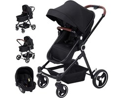 3-in-1 Kinderwagenset – Buggy met reiswieg en autostoeltje – Vanaf de geboorte tot 26 kg – Met één hand inklapbaar – Verstelbare rugleuning – Omkeerbare zitting – Zwart