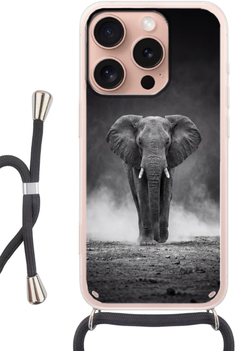 Telefoonhoesje Geschikt voor iPhone 16 Pro - Olifant - Zwart - Wit - Rook - Siliconen - Crossbody - Backcover met Koord - Telefoonhoesje met koord - Hoesje met touw Telefoonhoesje