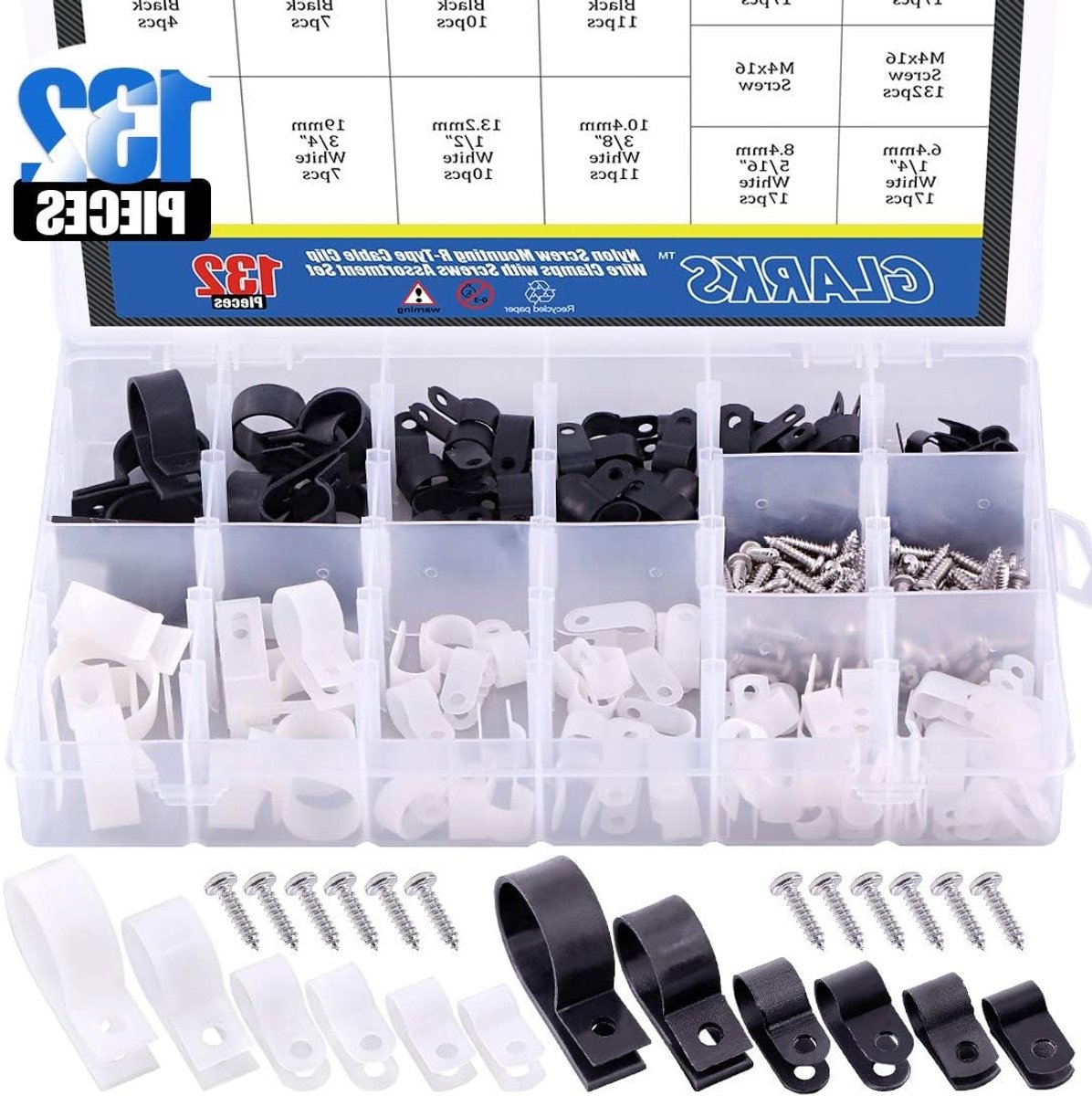 132-delige set van zwarte en witte nylon kabelklemmen met schroeven voor draad, kabel en buis, 6 maten beschikbaar