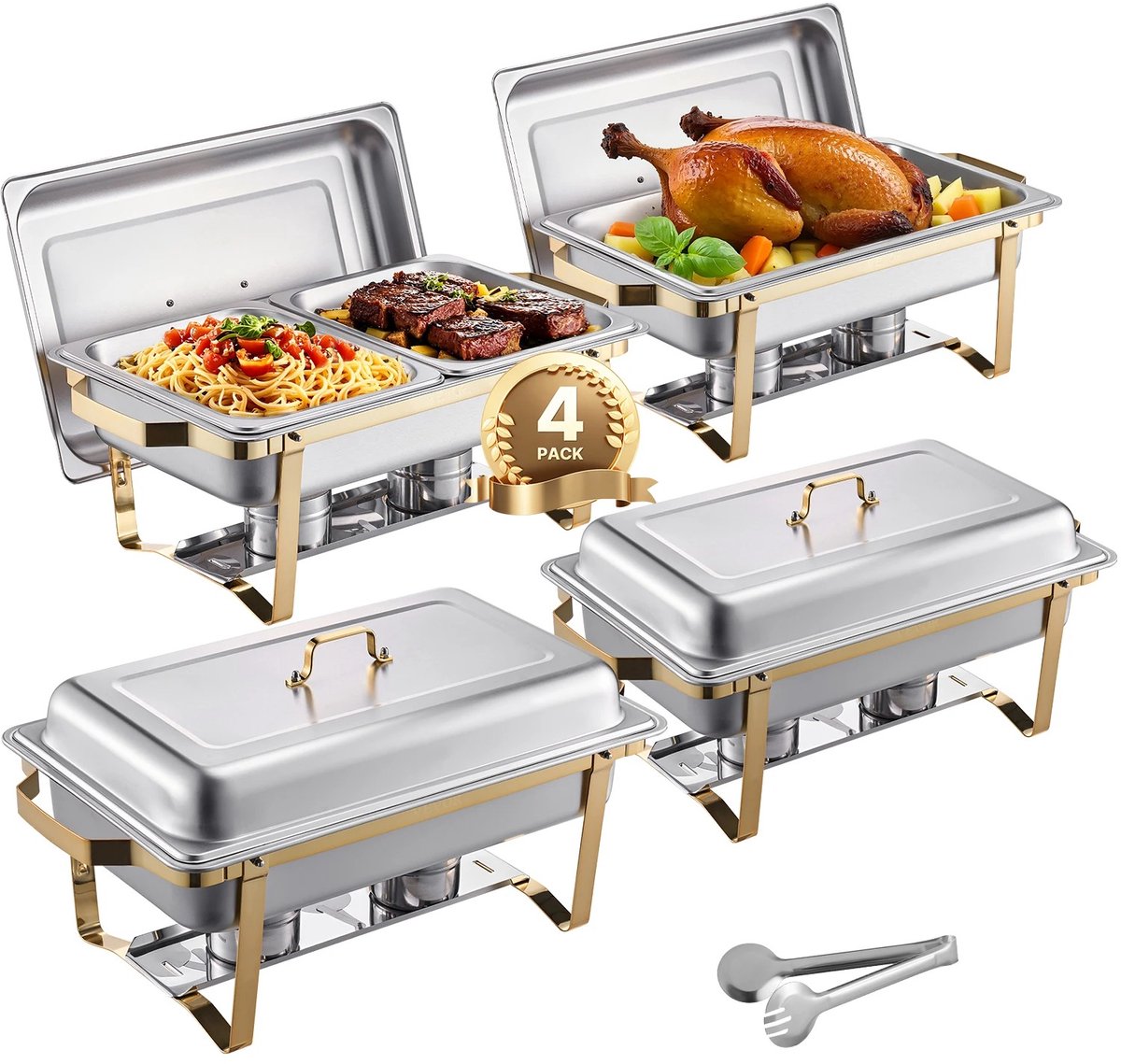 Stervia Buffetwarmers - Chafing Dish - Rechaud - Warmhoudbakken - 6 stuks (4x 4L - 2x 7L) - Zilver Met Goud - Roestvrijstaal