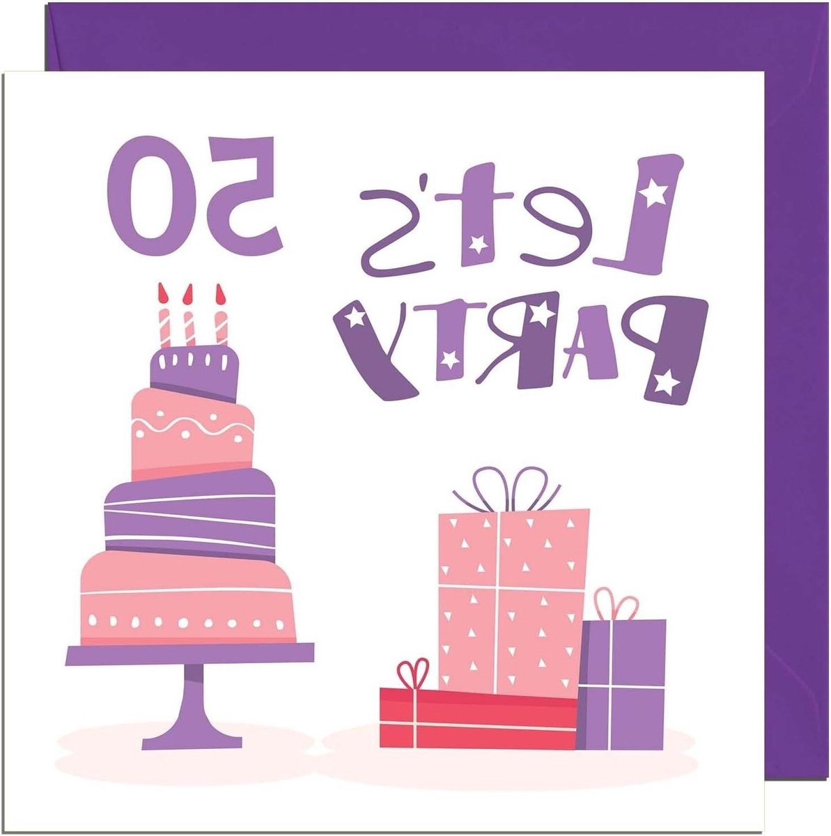 Verjaardagskaart 50 jaar - Feestkaart Vrouw - Verjaardag Vieren - Gedrukt in Engeland - 145 x 145 mm - Paars