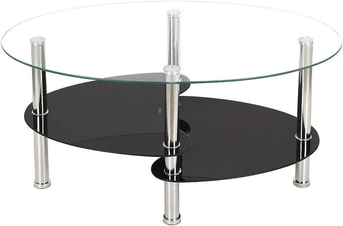 Salontafel Ovaal - Bijzettafel Glas - Woonkamer Decoratie - Met 2 Legplanken - 90 x 50 x 43 cm