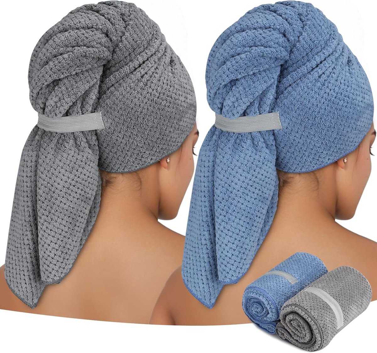 Microfiber Hair Towel Wrap voor Lang Haar - Grote 100 x 60 cm Hair Turban - Sneldrogende Super Absorberende Haarhanddoek voor Vrouwen en Meisjes - 2 Stuks