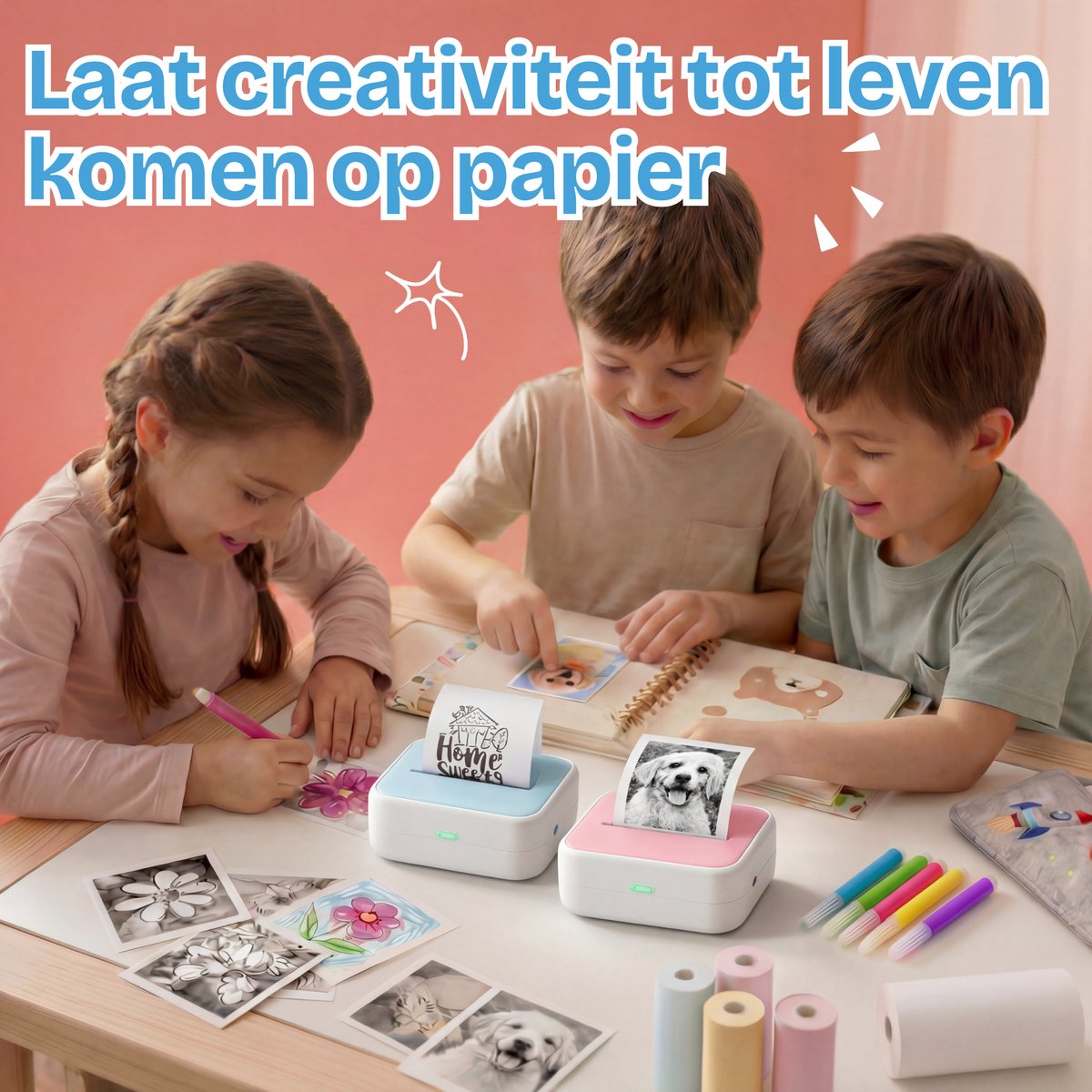 TinyPlay Mini Printer 300 DPI - Pocket Printer - 13 rollen papier in kleur, Sticker en wit - Mobiele fotoprinter - voor Smartphone - Thermische draagbare printer - Thermal miniprinter — afbeelding 4