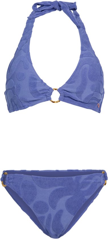 Haut de bikini jacquard bleu ciel texturé avec anneau doré et bas assorti avec détails d'anneaux dorés.