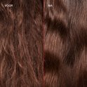Voor en na een haarbehandeling: kroesbruin haar wordt glad en glanzend bruin haar.