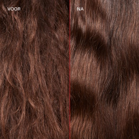 Voor en na een haarbehandeling: kroesbruin haar wordt glad en glanzend bruin haar.