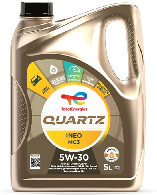 Total Quartz Ineo MC3 5W-30 motorolie, 5 liter, gouden fles met een label met de tekst "Total Quartz INEO MC3 5W-30".