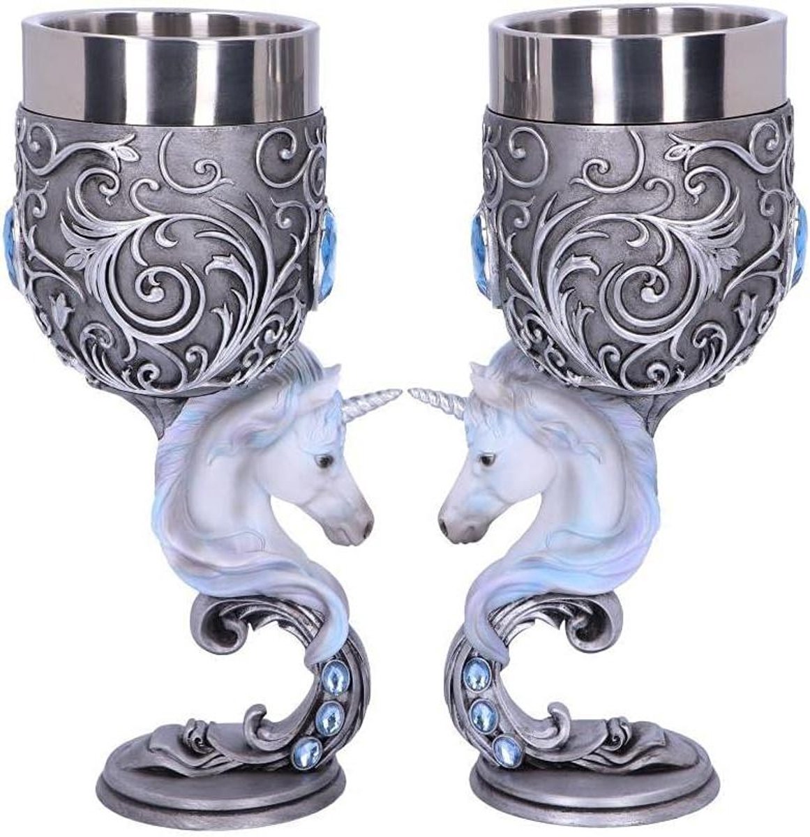 Eenhoorn Kelken Set - Goblets Bekers - Dranken Serveren - Hartvormige Stelen - 18.5cm - Zilver