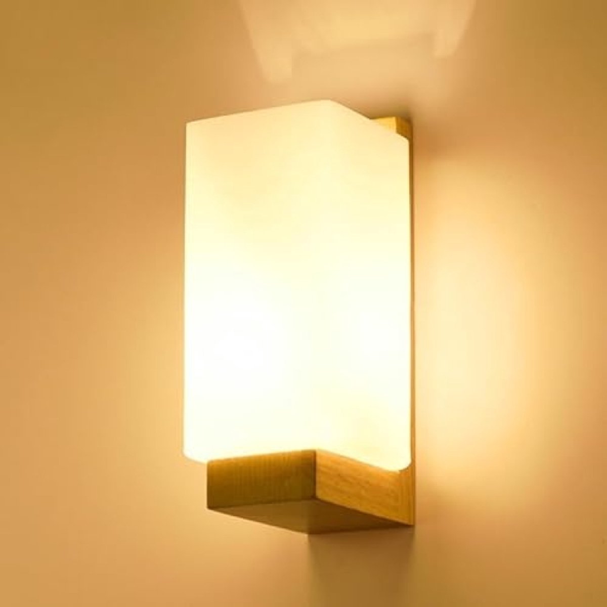 Wandlamp met E27-fitting - Moderne houten wandlamp met witte glazen kap - Voor binnen - Ge