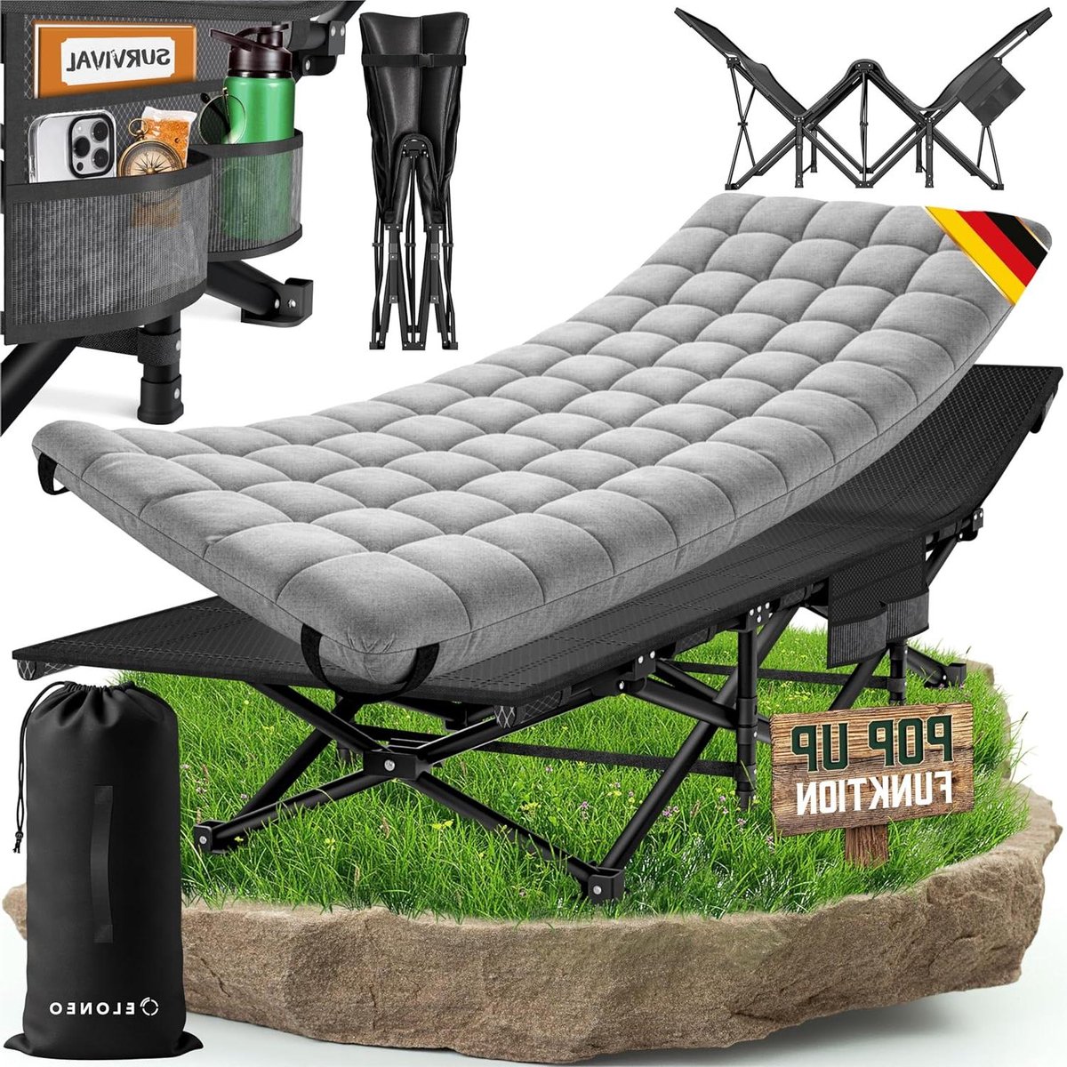 Veldbed Inklapbaar - Campingbed Logeerbed - Kamperen en Logeren - Extra Breed Ontwerp - Tot 200 kg - Grijs