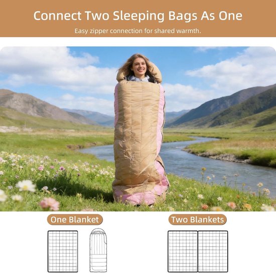 Rechthoekige Slaapzak - Donsslaapzak Kamperen - Outdoor Avonturen - Afneembare Hoed - 220x80 cm - Roze — afbeelding 4