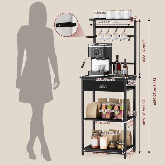 Keukenrek met 5 Planken en 8 Haken, Ideaal voor Koffie Organisatie en Bakken, Stalen Frame, 43 x 33 x 134.5 cm, Geschikt voor Keuken en Woonkamer — afbeelding 2