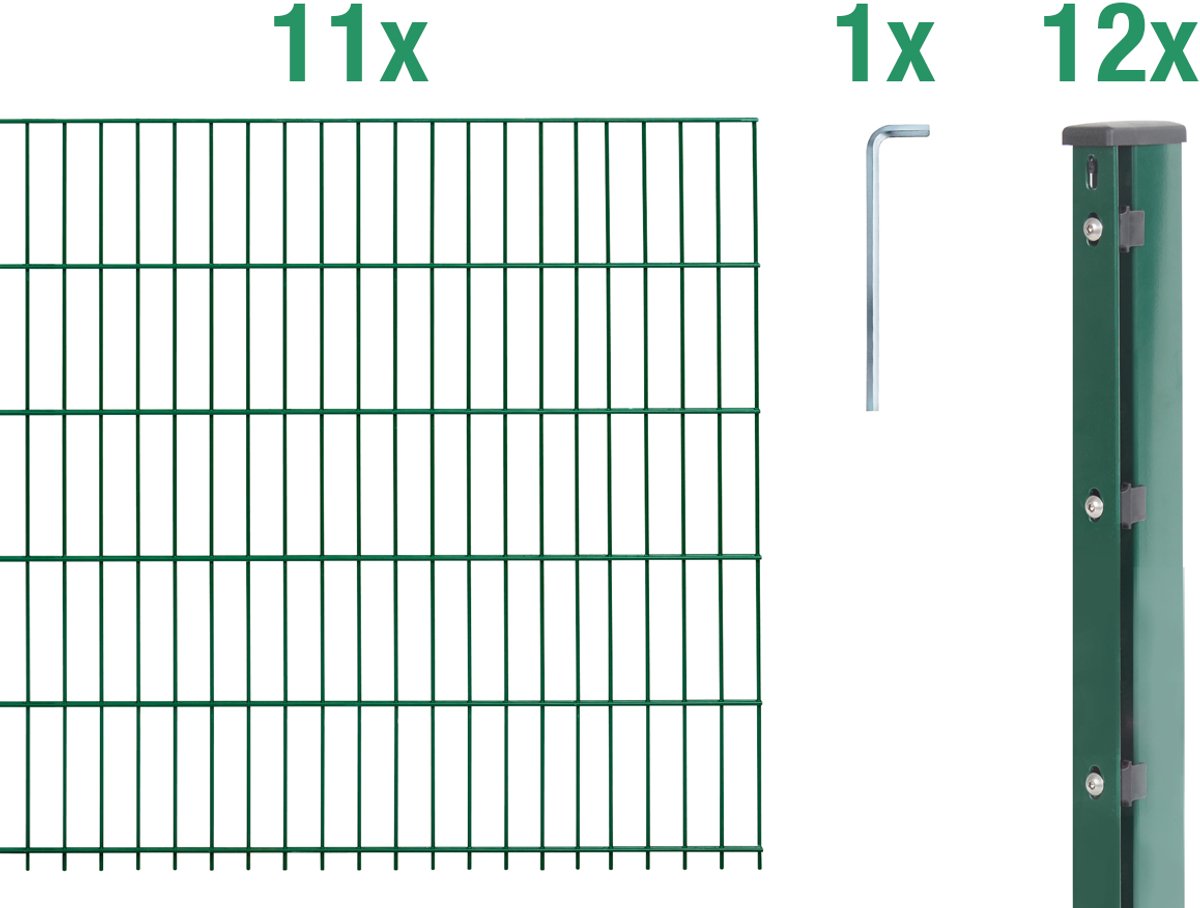 Alberts 679125 dubbelstaafmat hekwerk als 24-delige complete hekwerkset, kunststofgecoat, groen, hoogte 223 cm, lengte 27,5 m