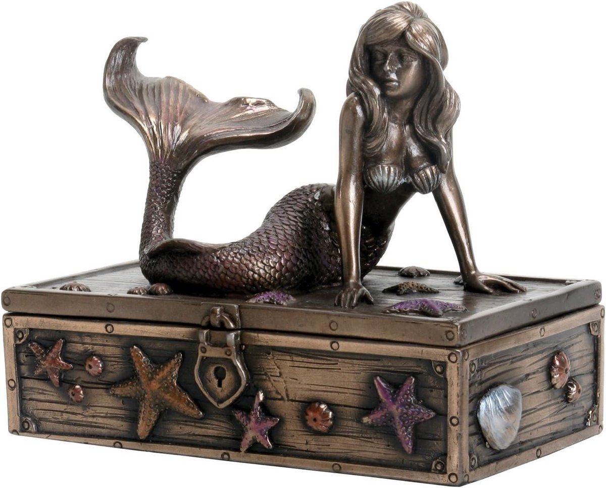 SUMMIT Collectie Art Nouveau Brons Metaal Gekleurde Zeemeermin Op Schatkist Knick-Knack Box Polyresin Brons Patina