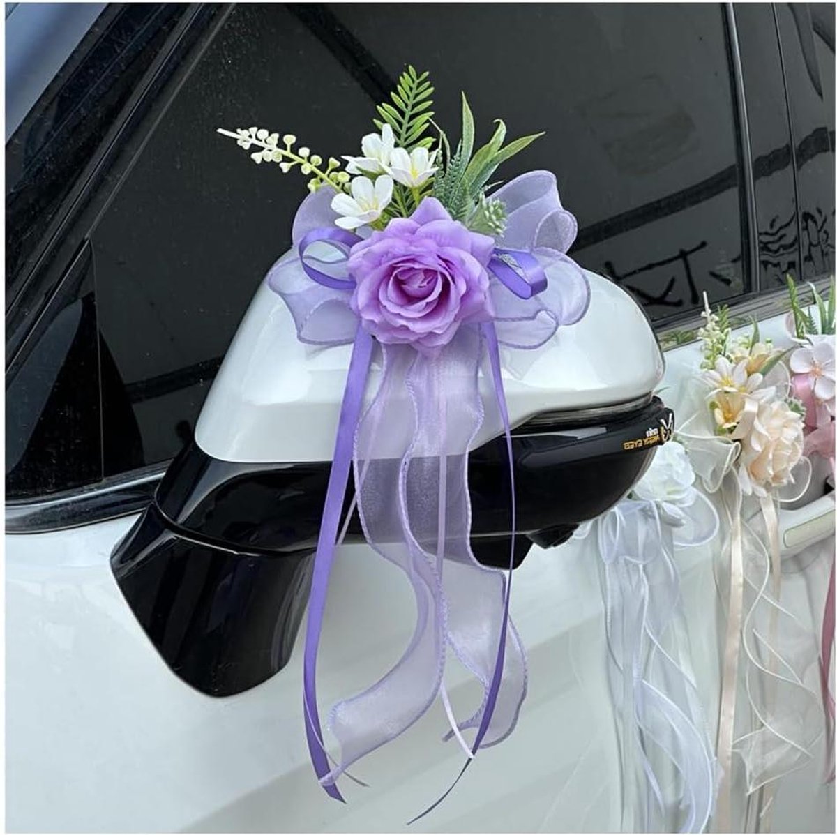 Zijden Bloemen Strikken - Autodecoratie Lint - Bruiloft Versieren - Eenvoudig te Bevestigen - 17 x 36 cm - Wit