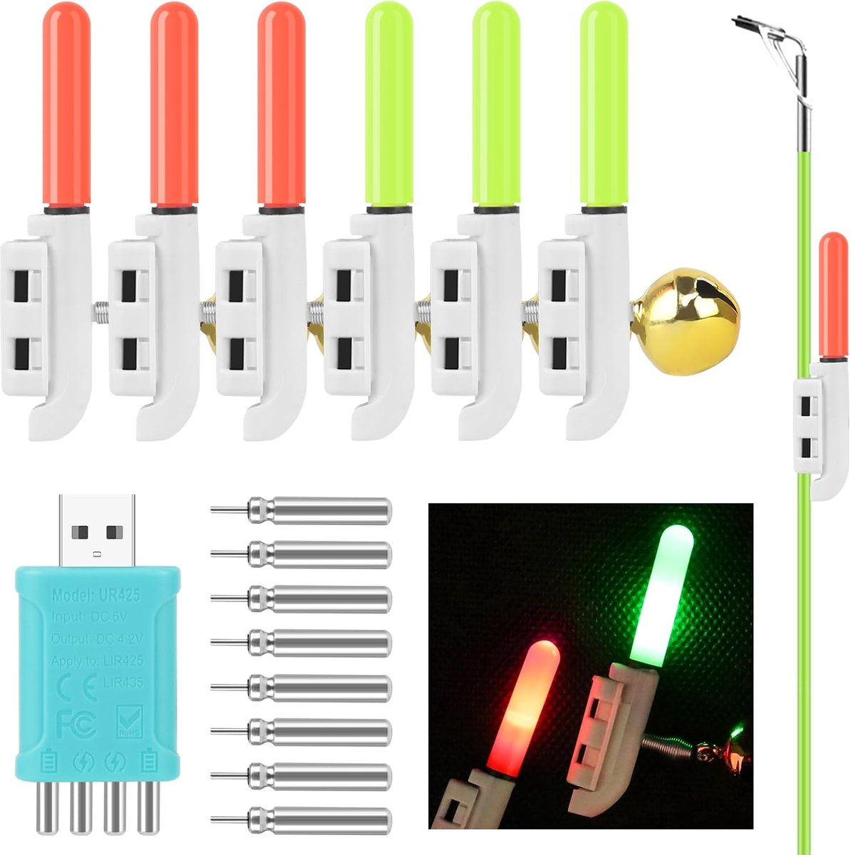6 x Articulated Lights - Fishing Alarm Bell - Electronic Bite Alarm - LED Bite Indicator - Night Fishing Accessories
