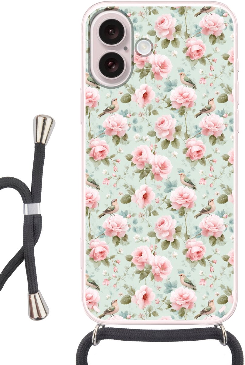 Telefoonhoesje Geschikt voor iPhone 16 - Rozen - Vogels - Pastel - Kleurrijk - Siliconen - Crossbody - Backcover met Koord - Telefoonhoesje met koord - Hoesje met touw Telefoonhoesje