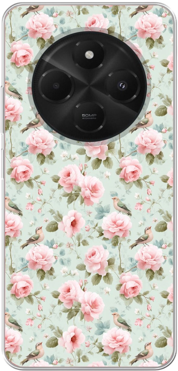 Telefoonhoesje Geschikt voor Xiaomi Geschikt voor Poco C75 (5G) hoesje - Rozen - Vogels - Pastel - Kleurrijk - Siliconen Telefoonhoesje Telefoonhoesje