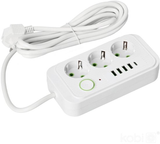 Witte stekkerdoos met 3 stopcontacten, 4 USB-poorten, een aan/uit-knop en een witte kabel.