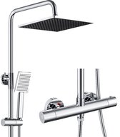 Auralum Regendouche met Thermostaatkraan - Doucheset - 25CM Vierkante Hoofddouche - Thermostatische Mengkraan - Verstelbare Hoogte 88-124 cm - Waterbesparend - Douchesysteem - Chroom