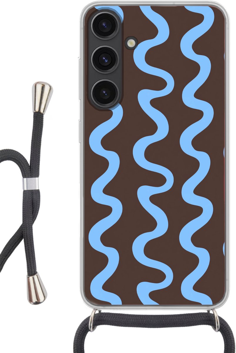 Telefoonhoesje Geschikt voor Samsung Galaxy S24 Plus - Kronkelende lijnen - Blauw - Bruin - Minimalistisch - Siliconen - Crossbody - Backcover met Koord - Telefoonhoesje met koord - Hoesje met touw Telefoonhoesje