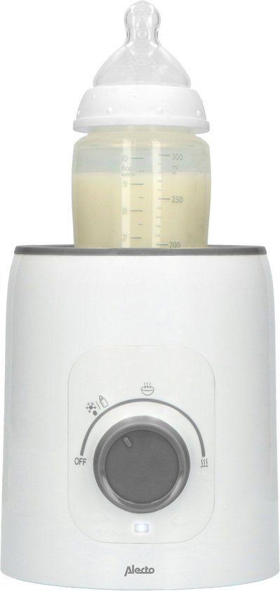 Witte Alecto flessenwarmer met een babyfles met melk.
