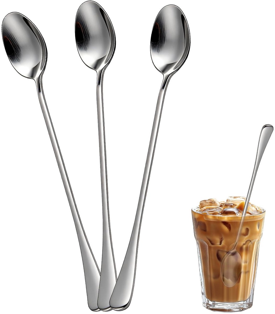Vt products - Roestvrijstalen Lepel - Lange Steel - Ideaal voor Ijs en Koffie - 3 Stuks - Keukenaccessoire voor Thuisfeest - Koffielepel
