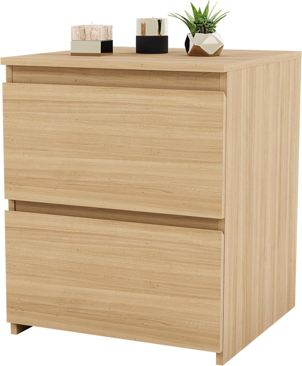 Nachtkastje met 2 laden - Nachtkastje Bijzettafel - Slaapkamer opbergen - Handvrij ontwerp - H48 x B395 x D395 cm