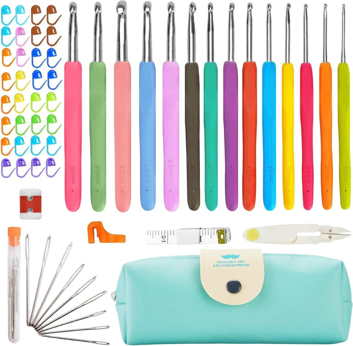 Haaknaalden Set van 14 Stuks, Ergonomische Aluminium Haaknaalden met Pouch, Ideaal voor Beginners en Gevorderden, Perfect voor Haken en Breien, Inclusief 59 Stuks Accessoires