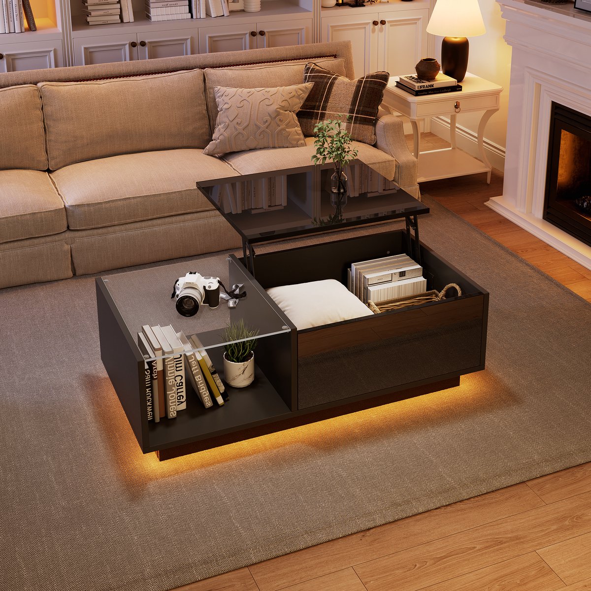 MIVRAY Salontafel - Hoogglans Met Hefblad En Led - Met Verborgen Opbergruimte Voor Woonkamer - Zwart - 100x50x33 Cm
