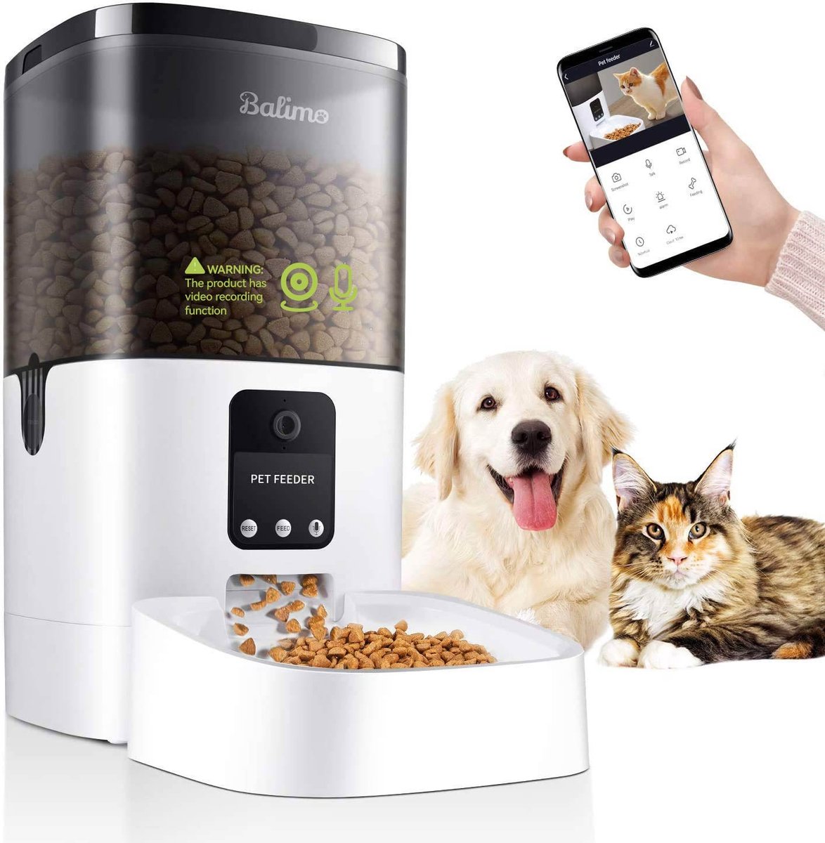 Balimo Automatische Voerbak Kat en Hond 4L - Voerautomaat met Full HD 1080P Camera – Two-Way Audio - Voerautomaat met App - Night Vision - Voerdispenser - Wit en zwart