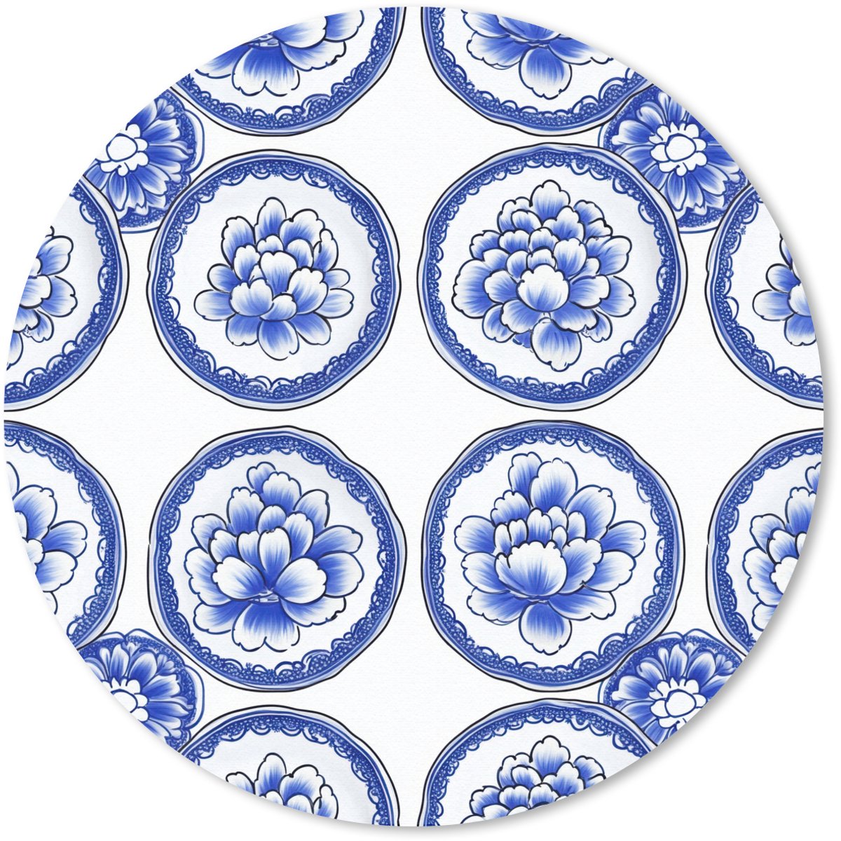 Muismat rond 40x40 cm - Mousepad Cirkels - Bloemen - Blauw - Ronde muismatten