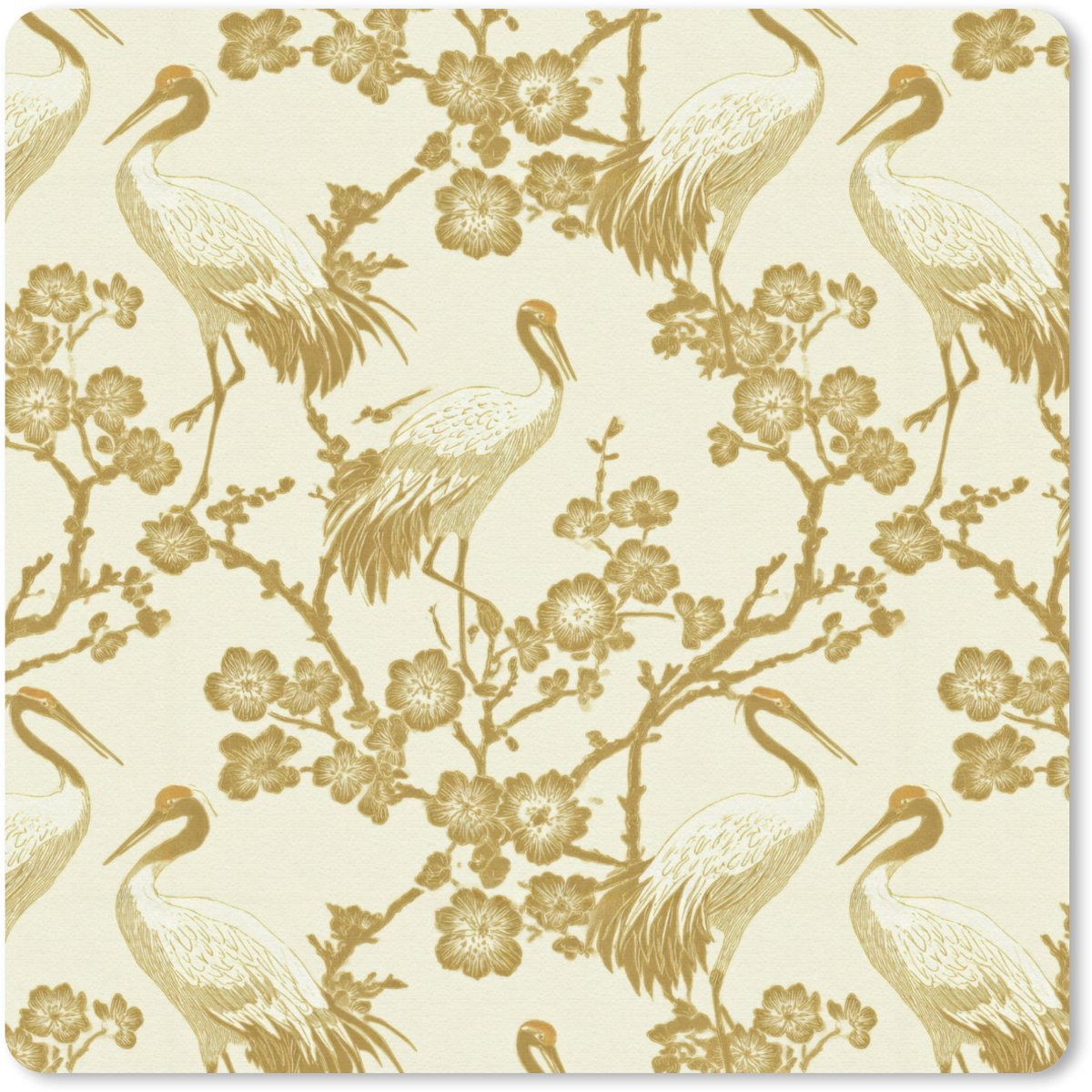 Muismat 30x30 cm - Mousepad Kraanvogels - Kersenbloesem - Goud - Muismatten