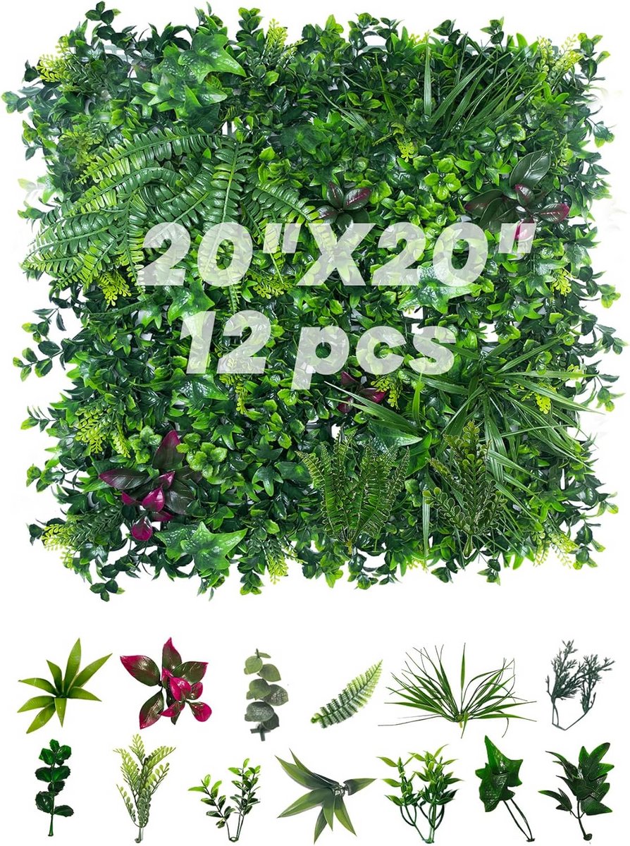 Kunstgras Wandpanelen 50x50cm Set van 12 - Dichte Groene Muurdecoratie voor Binnen en Buiten