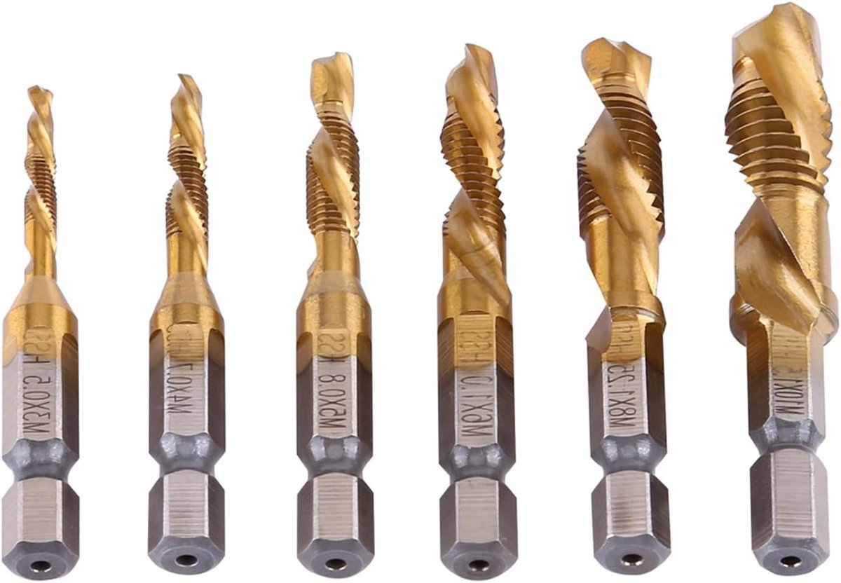 6-delige set combinatie boor- en tapbit, metrische draad M3-M10, titanium gecoat HSS, 1/4" hex schacht voor precisiewerk