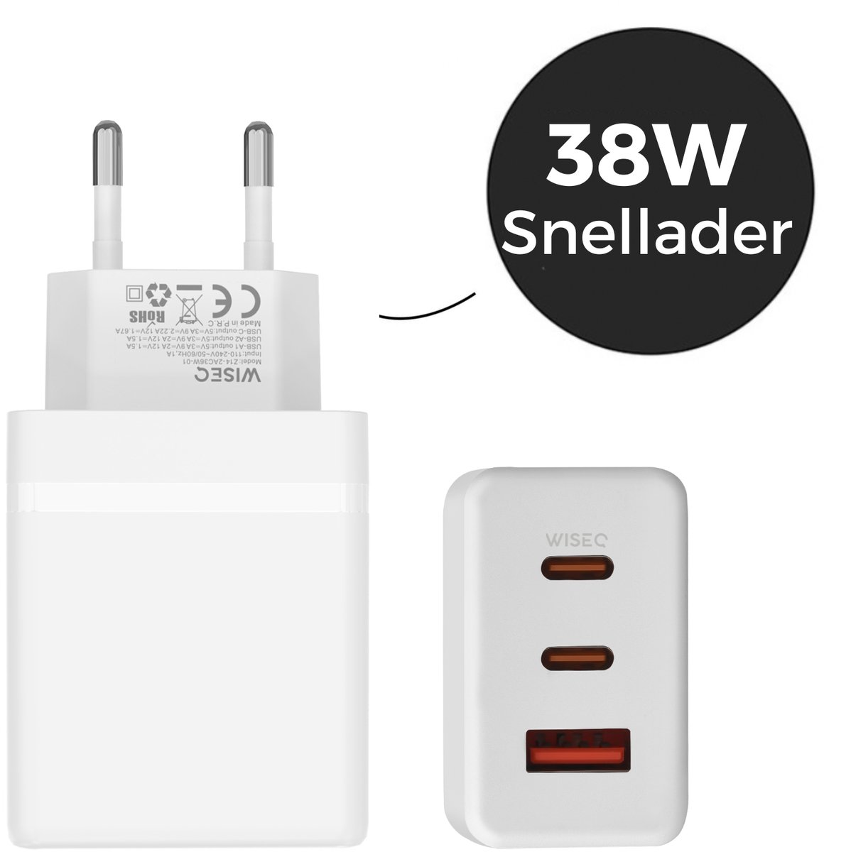 38W GaN Snellader USB C en USB Adapter - 3 Oplaad Poorten - Power Adapter Geschikt Voor alle toestellen – Compact & Krachtig - WiseQ