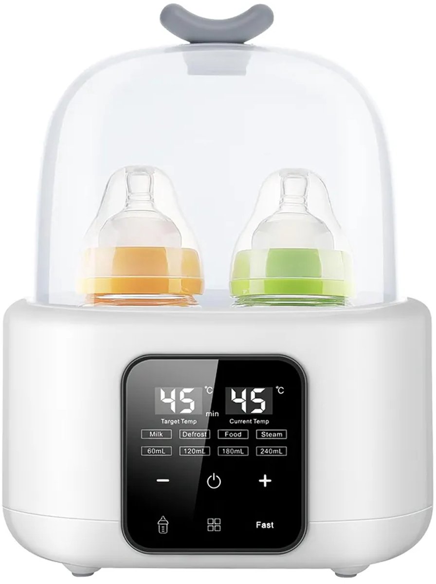 Flessenwarmer/sterilisator met timer, instelbare temperatuur en led-display; kan babyvoeding verwarmen en twee flessen tegelijk steriliseren (wit).