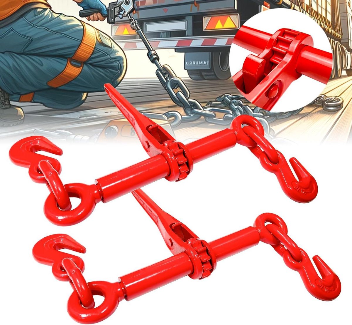 Ratelkettingmappen - Ladingbinders - Veilig Lading Vervoeren - Hoge Werkbelasting - 1/4" - 5/16" - Rood