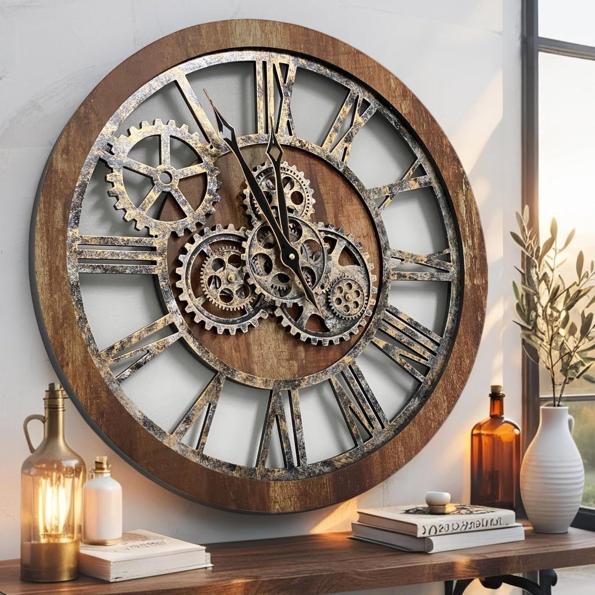 Wandklok - Klok met tandwielen - Woonkamer decoreren - Echt bewegende tandwielen - 60 cm - Vintage bruin